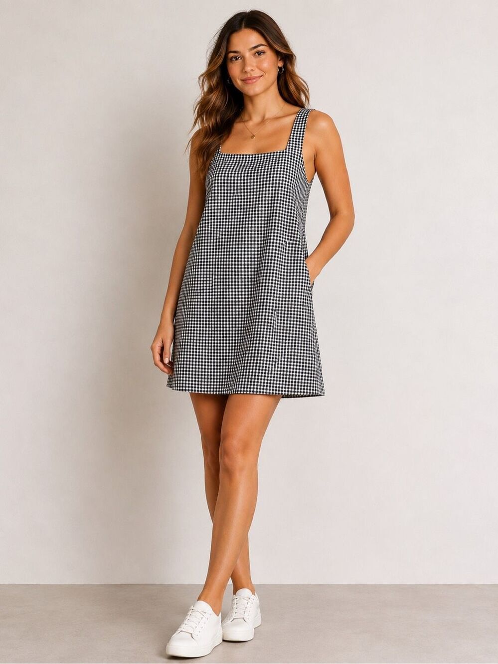 A New Day Women’s Large Black White Gingham Square Neck Mini Dress NWT